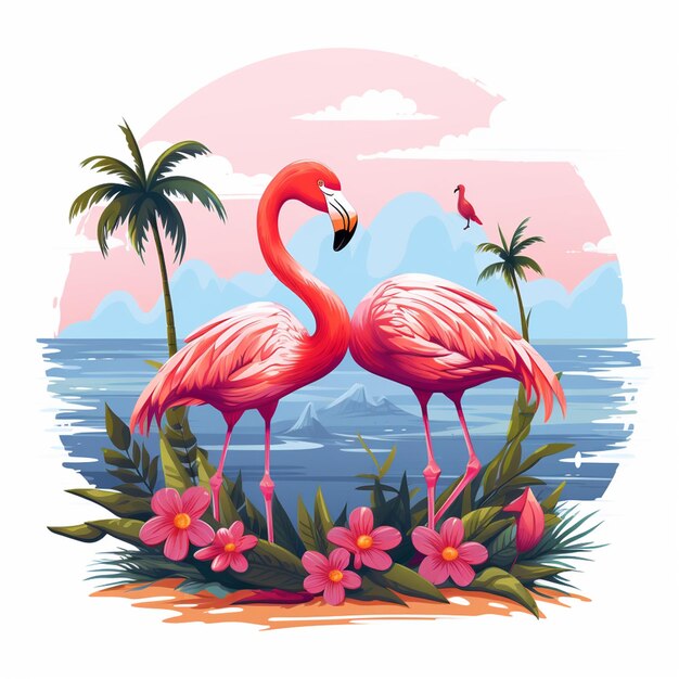 Akwarel różowy flamingo tropikalne liście i kwiaty projekt bukietu izolowana ilustracja