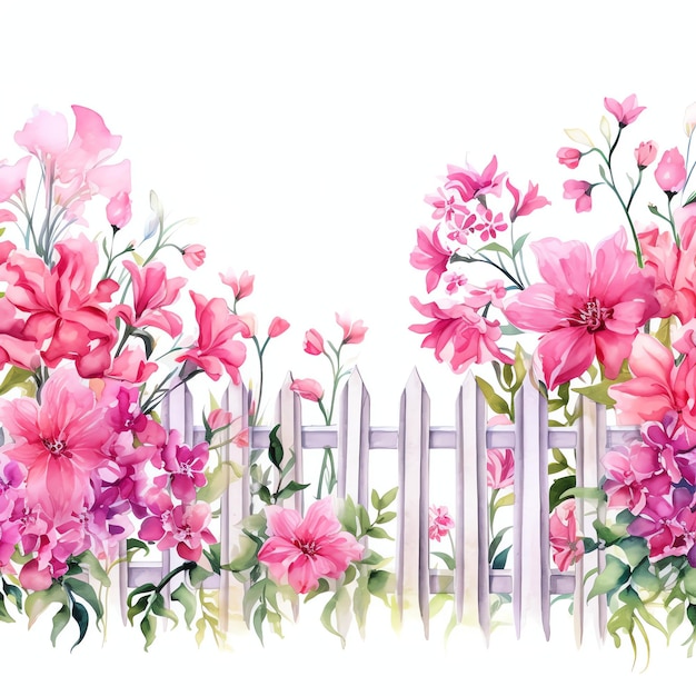 akwarel różowy ogrodowy płot z kwiatami ilustracja wiosna kwiatowy klipart