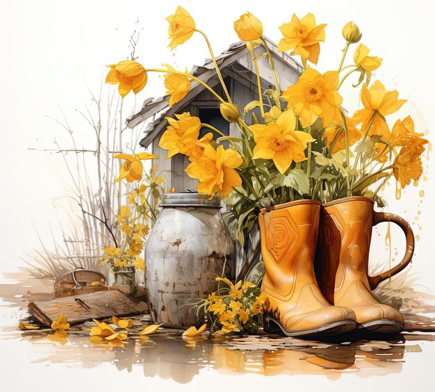 Zdjęcie akwarel rysowanie kwiatów z puszkami nawadniającymi w pończochach w stylu fotorealistycznym
