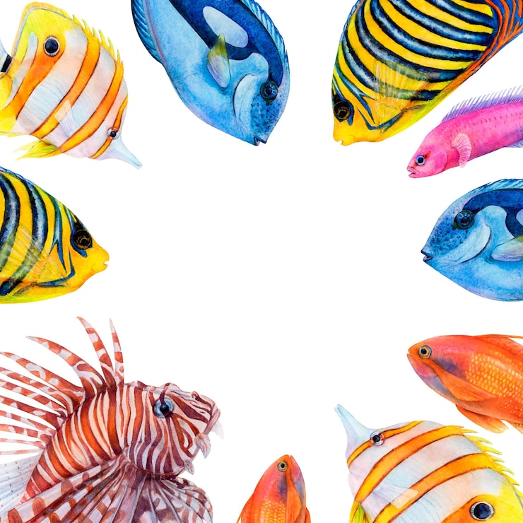Zdjęcie akwarel rysunek kwadratowa ramka z kolorowych ryb królewski anioł lionfish złoty antias motyl ryba chirurg ryba i smażony ryb na białym tle ilustracja podwodna dla naklejki karty
