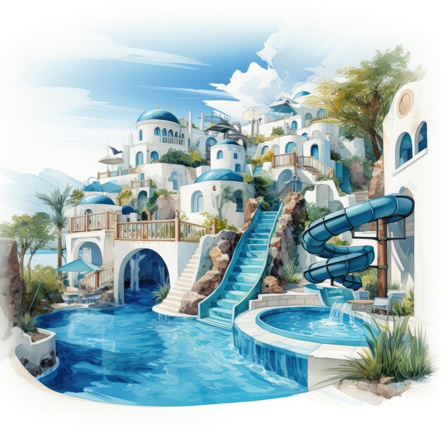 Akwarel Santorini park wodny białe tło Clipart Generative Ai