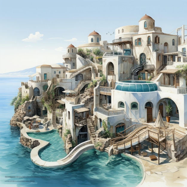 Akwarel Santorini park wodny białe tło Clipart Generative Ai