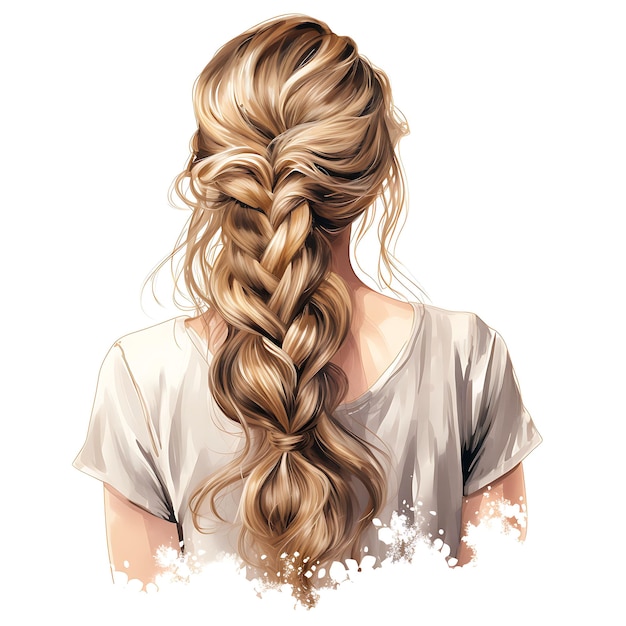 Akwarel Set of Messy Fishtail Braid Hairstyle Bohemian Style Honey Blonde H on White BG Cliparts