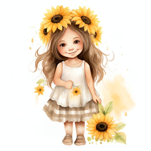 Zdjęcie akwarel słonecznik żółty uroczy pełnocielesny uśmiechnięty mała dziewczyna cottagecore styl kwiatowy herbata ogrodowy