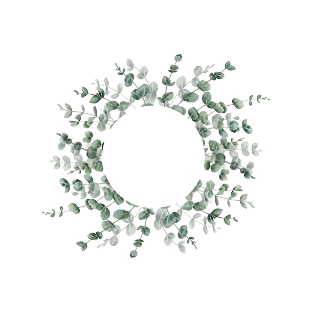 Akwarel ślubny wieniec kwiatowy z sukulentami, paprociem, eukaliptusem i innymi zielonymi liśćmi