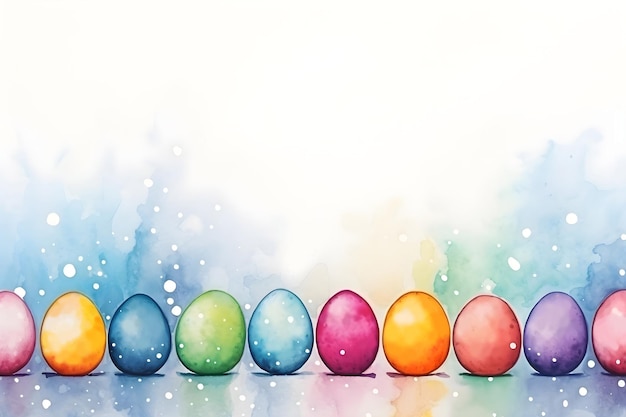 Akwarel śnieży wielkanocny tło z kolorowymi jajkami odizolowanymi na pustej przestrzeni dla baneru wzoru