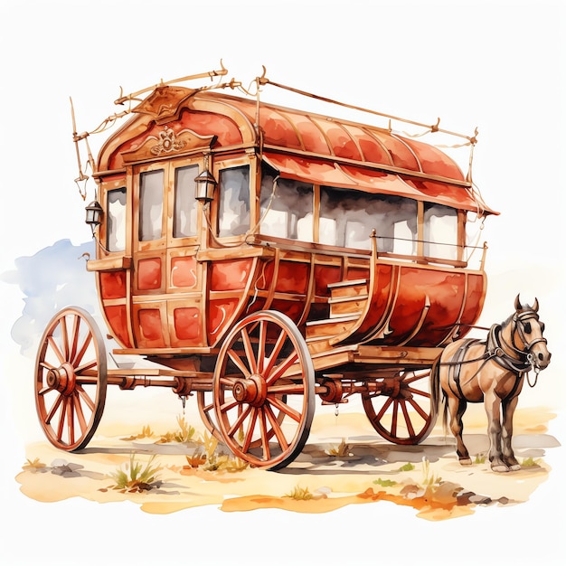 akwarel Stagecoach zachodni dziki zachód kowboj pustynna ilustracja klipart