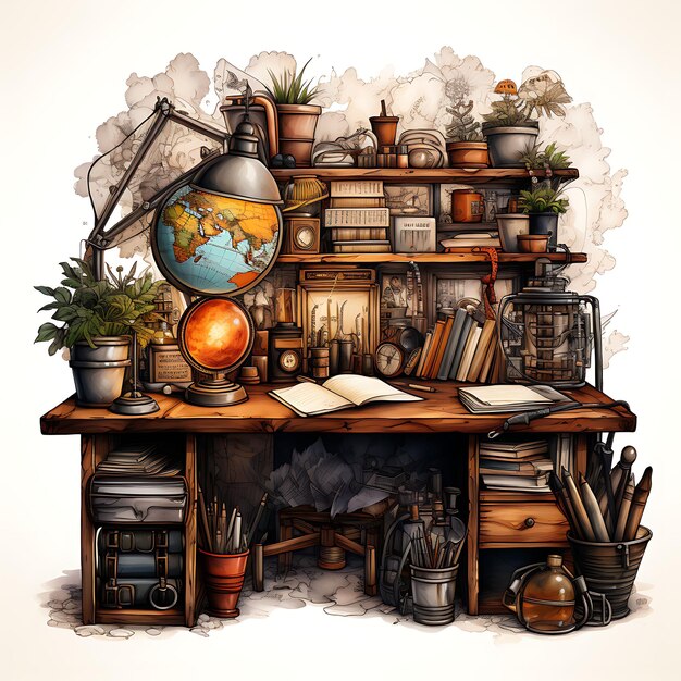 Akwarel Study Room z wibracjami Steampunk Deep Browns i Burnished Go Art Tshrit Sticker Ink