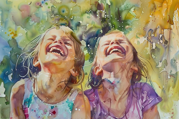 Zdjęcie akwarel szczęśliwe śmiejące się dziecko portret młodzieńczej radości i niewinności uchwycony w żywych kolorach i delikatnych pociągach pędzla wywołujący ciepło i nostalgię