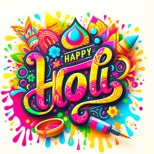 Akwarel Szczęśliwy Holi Festiwal Kolorów Ilustracja z tekstem i kwiatowym wzorem tła