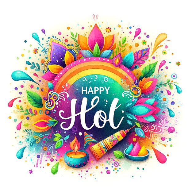Akwarel Szczęśliwy Holi Festiwal Kolorów Ilustracja z tekstem i kwiatowym wzorem tła