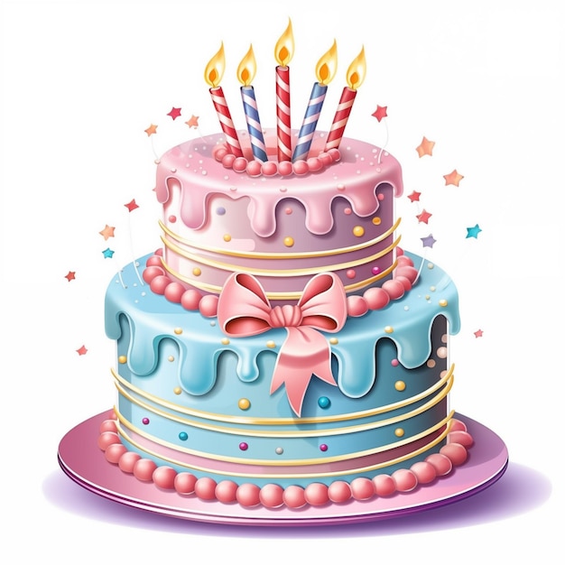 Akwarel szczęśliwy tort urodzinowy clip art ilustracja dla prezentów na białym tle