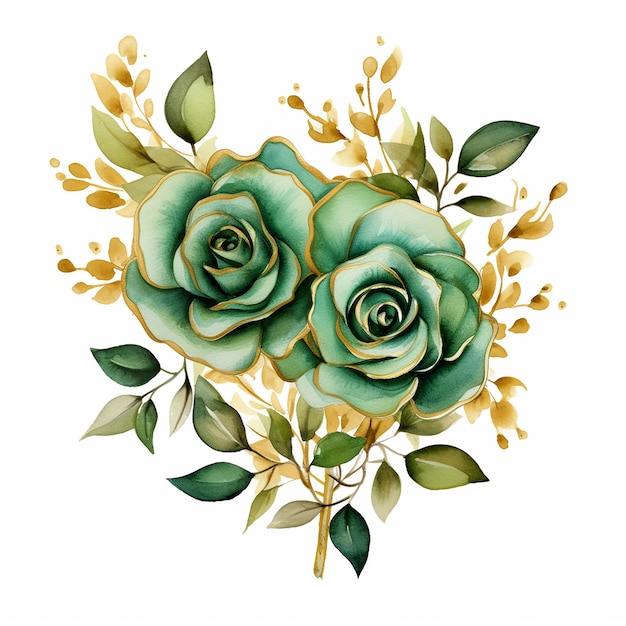 Akwarel Szmaragdowo-zielony i Złoty Glam Roses Clipart