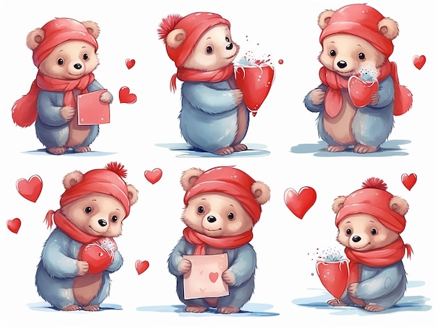 Akwarel Valentine's Day Love Polar Bear Couple ręcznie narysowana ilustracja akwarelowa do wizytówki lub zaproszenia