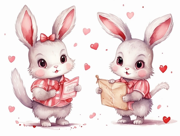 Akwarel Valentine's Day Love Rabbit Couple ręcznie narysowana ilustracja akwarelowa do wizytówki lub zaproszenia