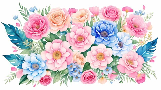 Akwarel vintage kompozycja kwiatowa Różowy i niebieski bukiet kwiatowy Kwiaty i pióra Izolowane AI generowane
