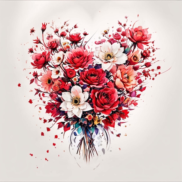 Akwarel w kształcie serca Ilustracja układu kwiatowego bukiet czerwony wielokrotny kwiat