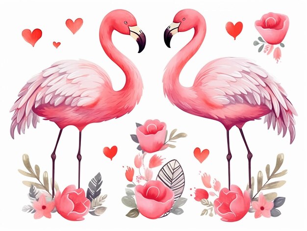 Zdjęcie akwarel walentynki dzień miłości flamingo para ręcznie narysowany akwarel ilustracja do wizytówki lub zaproszenia projektowania