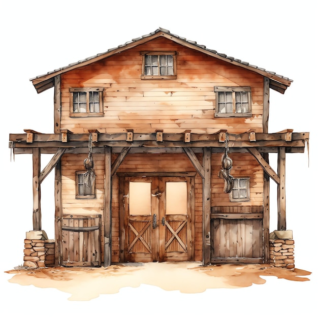 akwarel wejście do saloonu zachodni dziki zachód kowboj pustynna ilustracja klipart