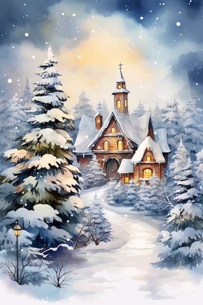 Akwarel zimowy krajobraz Ilustracja Wiejski wieczór świąteczny domy wiejskie z śnieżnym lasem świerkowym