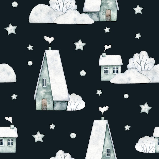 Akwarel zimowy zielony dom bezszwy wzór domy krzewy śnieżne gwiazdy na czarnym tle