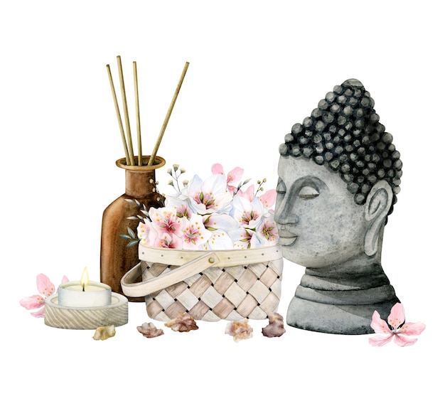 Akwarela akcesoria relaksacyjne spa Budda pałeczki zapachowe butelka ze świecą różowe kwiaty w koszyku