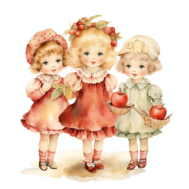 Akwarela Apple vintage shortcake doll i jej przyjaciele Cottagecore styl owocowej herbaty ogrodowej