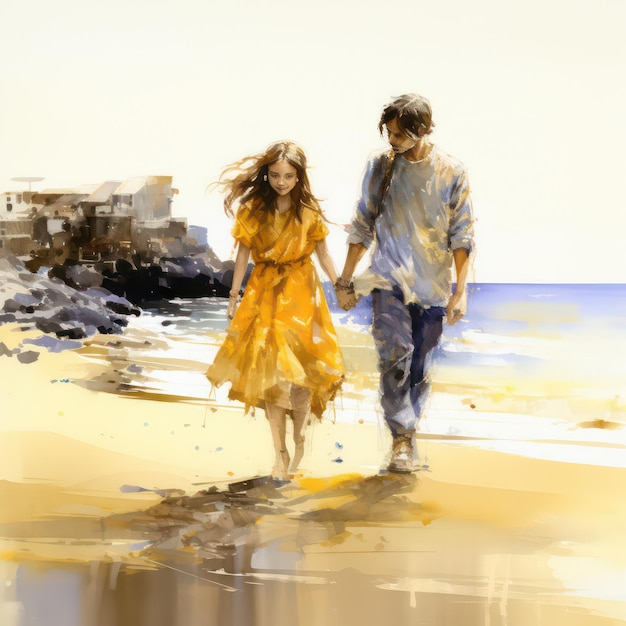 Akwarela autorstwa Guya Jonesa przedstawiająca dziewczynę i chłopca idących w żółtych ubraniach, trzymających się za ręce