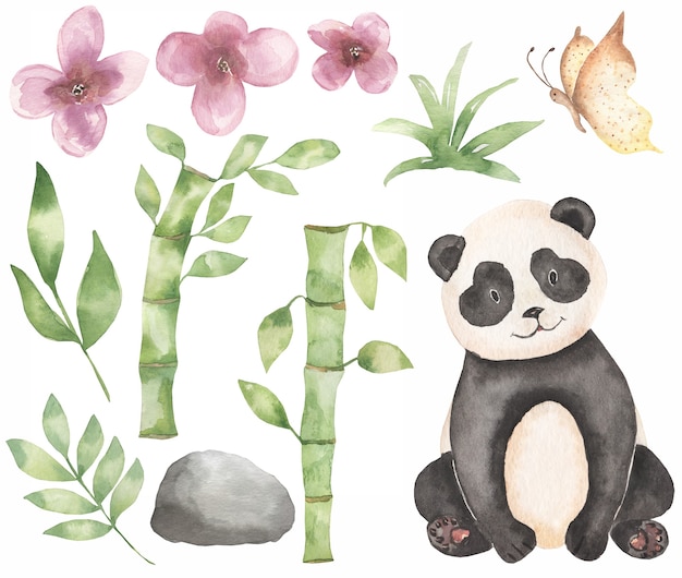 Akwarela Baby Panda clipart. Safari zwierząt, bambusowy bukiet, tropikalny wieniec kwiatów, leśny niedźwiedź clip art, baby shower, przyjęcie urodzinowe dla dzieci