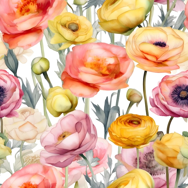 Akwarela bez szwu deseń z kolorowych kwiatów ranunculus Floral ilustracji tła Wygenerowane AI