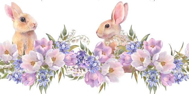 Akwarela bezszwodowa krawędź z małymi brzoskwiniowymi królikami siedzi w wiosennych kwiatach wielkanocny królik