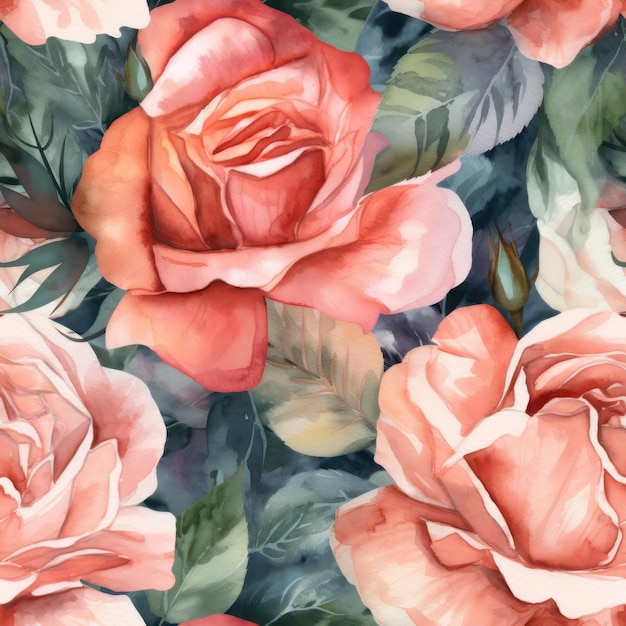Akwarela bezszwowa ilustracja róży otoczonej delikatnymi liśćmi