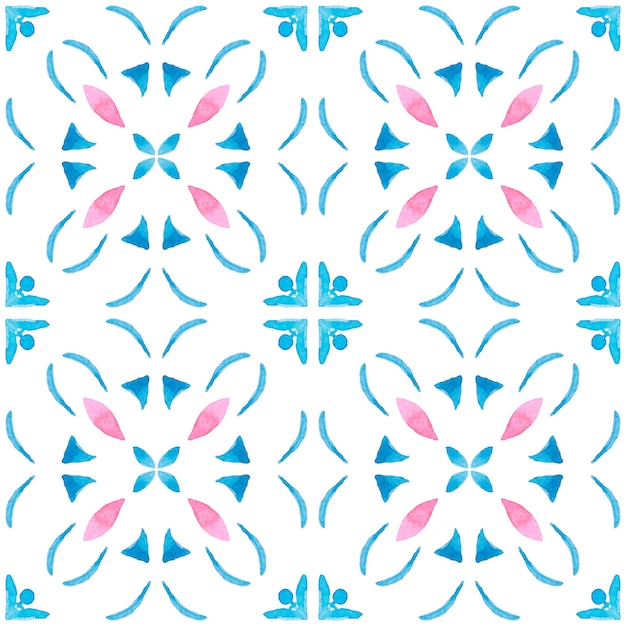 Akwarela bezszwowe wzór Azulejo. Tradycyjne portugalskie płytki ceramiczne. Ręcznie rysowane streszczenie tło. Grafika akwarelowa do tekstyliów, tapet, druku, projektowania strojów kąpielowych. Niebieski wzór azulejo.