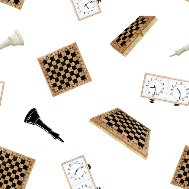 Akwarela bezszwowe wzór gry w szachy z czarno-białymi tablicami królów i zegarami