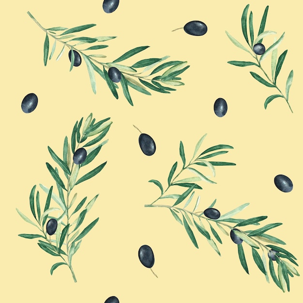 Akwarela bezszwowe wzór z gałązkami czarnych oliwek na beżowym tle może być używany do