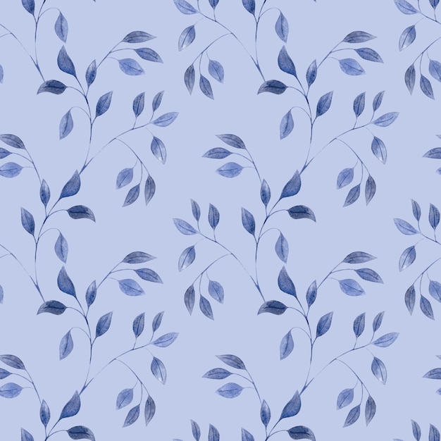 Akwarela bezszwowe wzór z niebieskimi gałązkami liści małych liści na niebieskim tle