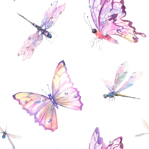 Akwarela bezszwowe wzór z romantyczny latające ważki i motyle na białym tle