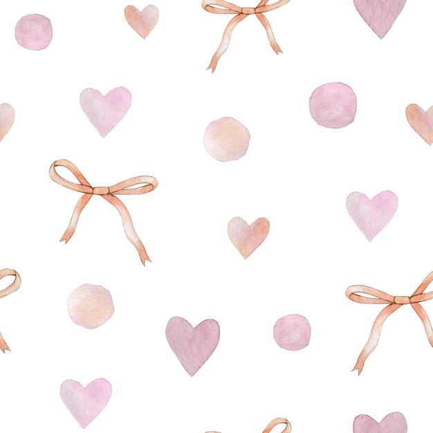 Akwarela bezszwowe wzór z różowymi sercami, kropkami i kokardkami Ręcznie rysowane clipart izolowany na białym