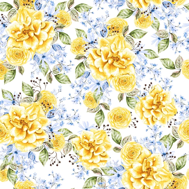 Akwarela bezszwowe wzór z żółtymi i niebieskimi kwiatami ilustracja