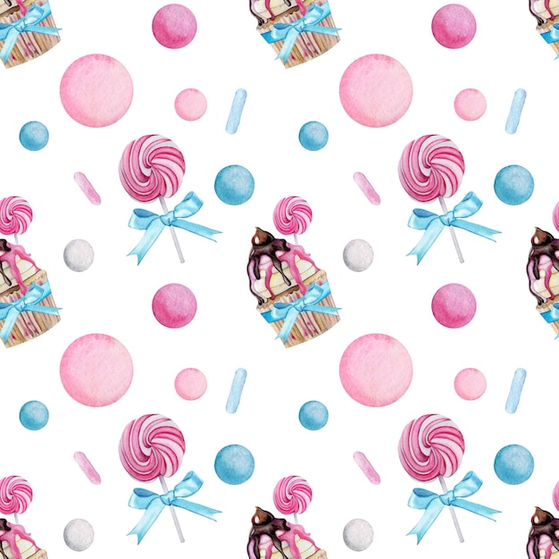 Zdjęcie akwarela bezszwowe wzór ze słodyczami i słodyczami na białym tle