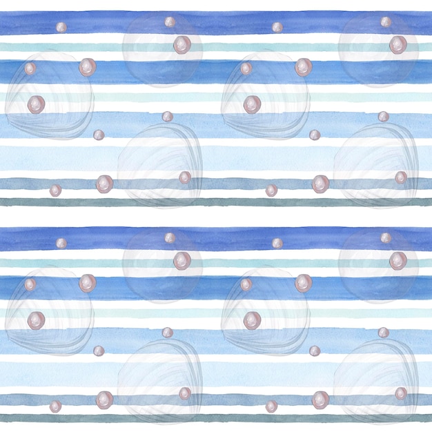Akwarela bezszwowy wzór w niebieskie paski i perły i muszle Akwarela ilustracja w stylu marynistycznym