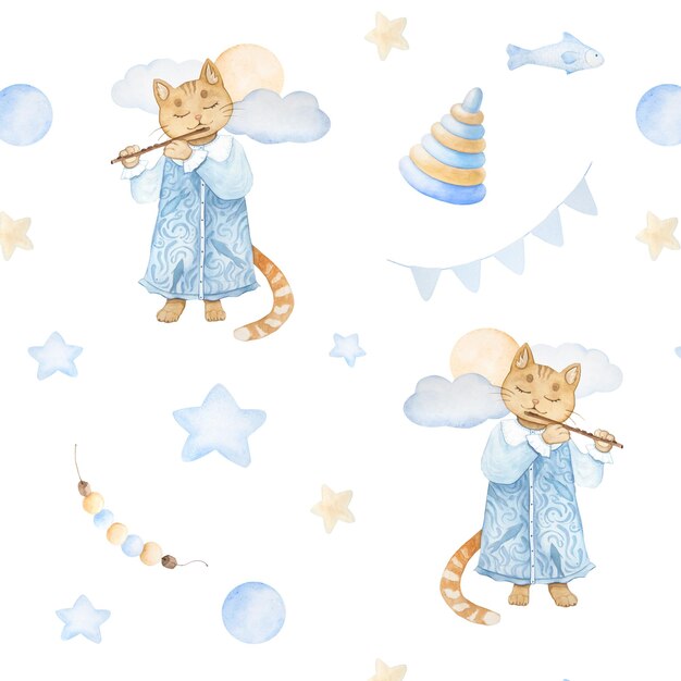 Akwarela bezszwowy wzór z magicznym kotem z fletowymi kulkami rybnymi i gwiazdami w pastelowych kolorach na białym tle