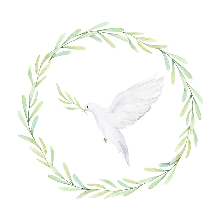 Zdjęcie akwarela biały gołąb i gałęzie oliwne białe ptaki w laurowym wieńcu gołąb clip art ręcznie narysowany