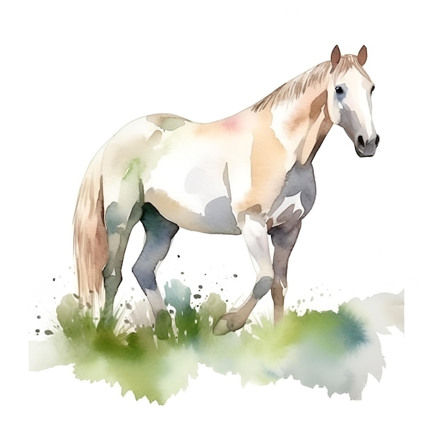 Akwarela biały koń w zielonej trawie na białym tle Ilustracja konia Białe tło izolowany obiekt