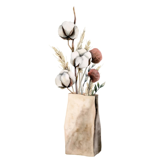 Akwarela boho chic bukiet z suszonych kwiatów i bawełny w torbie rzemieślniczej Ciepłe brązowo-kremowe beżowe kolory