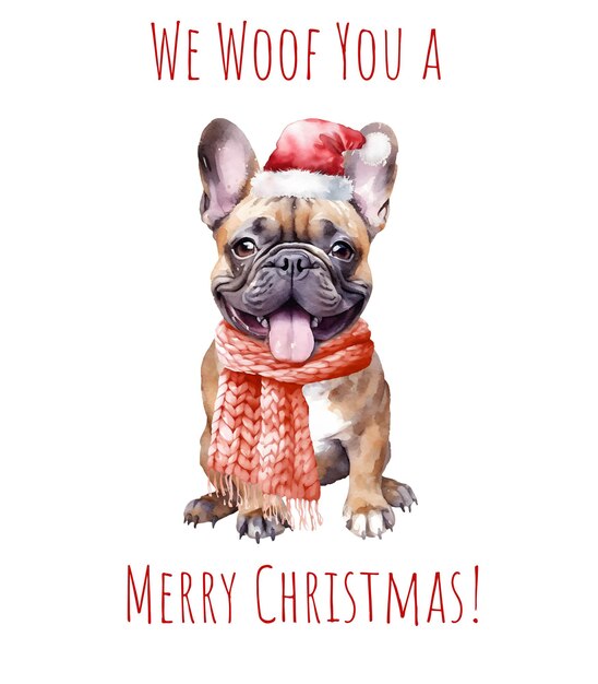 Akwarela Boże Narodzenie buldog francuski Xmas ładny pies w kapelusz krawat i łuk Wesołych Świąt buldog