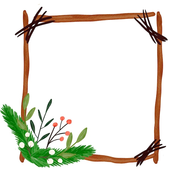 Akwarela Boże Narodzenie drewniana kwadratowa rama z elementami kwiatowymi i wiecznie zielonymi. Ręcznie malowane na białym tle