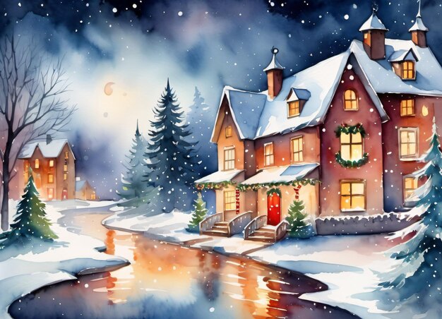 Akwarela Boże Narodzenie zima ilustracja pozdrowienia tło karty
