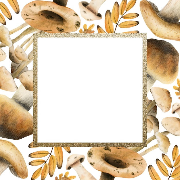 Akwarela brązowe grzyby jadalne kwadratowa rama szablon z ilustracją złotej granicy