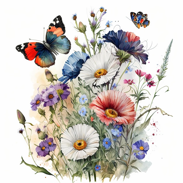 akwarela bukiet kwiatów z motylami